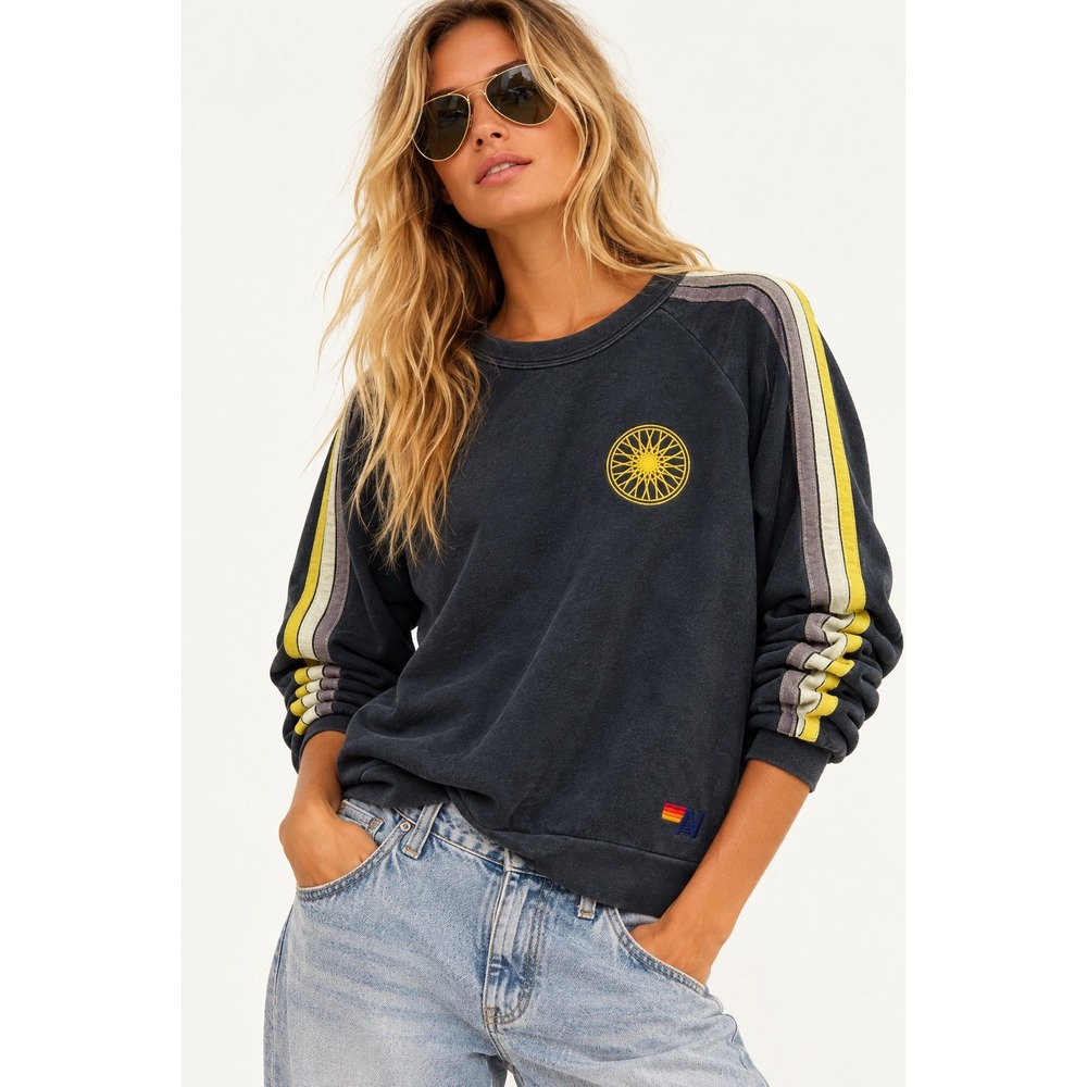 Aviator Nation Rare Sun Wheel Embroidered Sweatshirt Gray Stripe Small